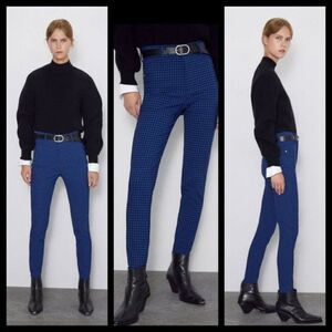 Zara Gingham Plaid Leggings Hi-Rise Blue Black Buffalo Check Women's M Stretchy